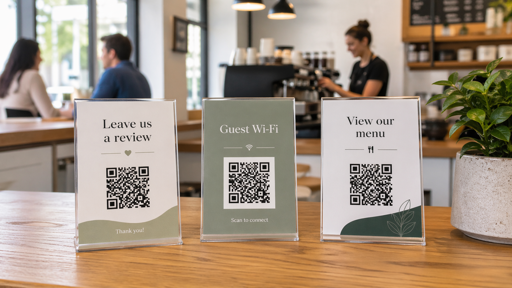 Café counter with a small printed guest Wi‑Fi QR sign where customers pick up drinks.