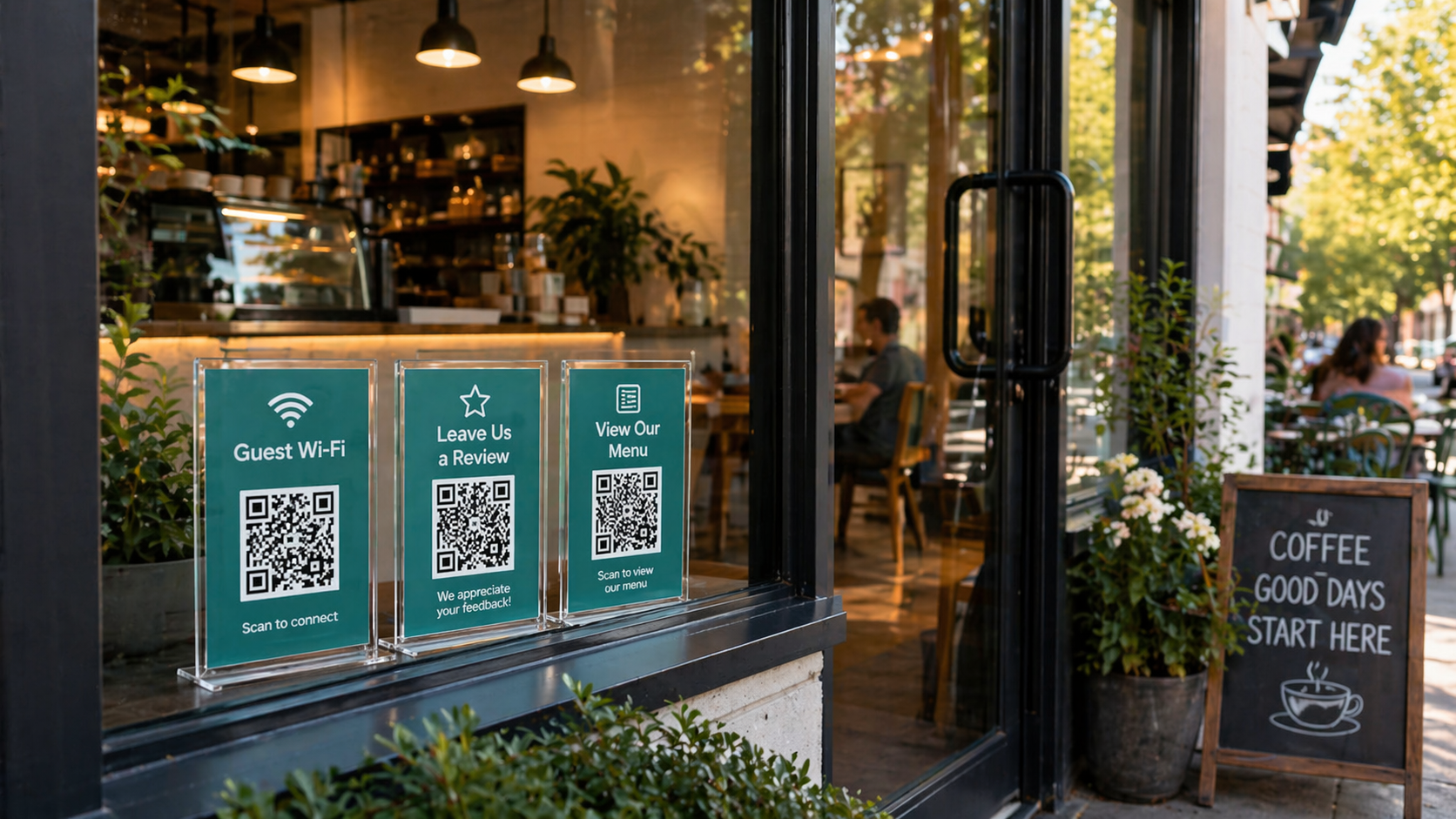 Restaurant table with a simple tent card showing a menu QR between place settings.
