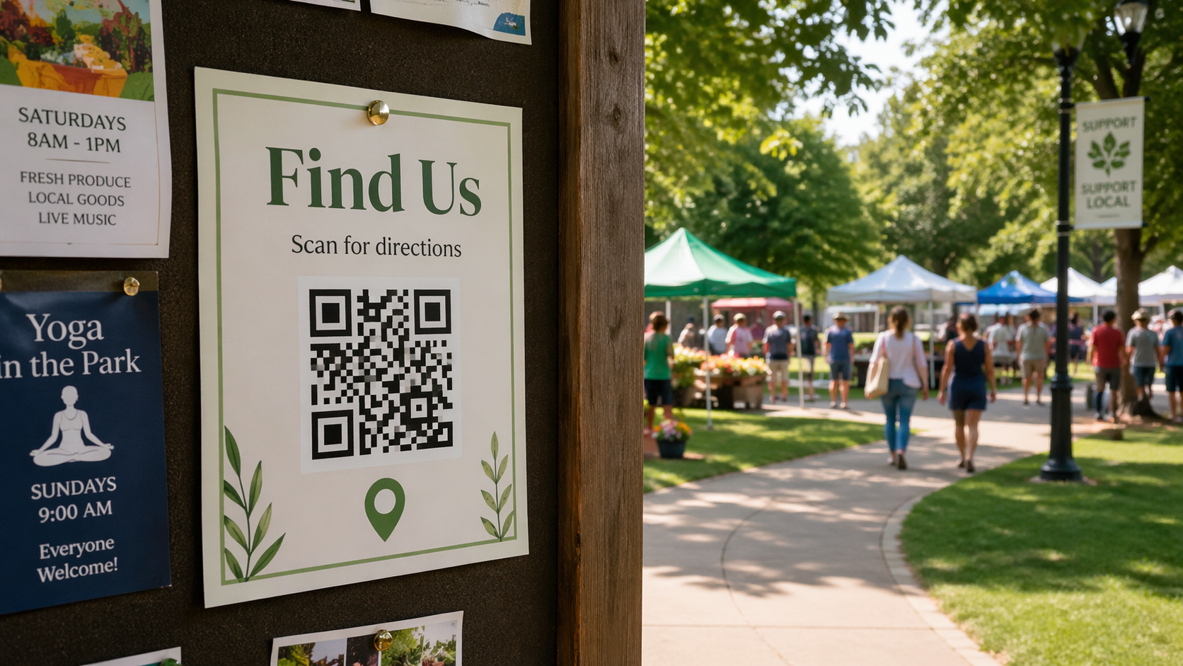 Storefront window with printed QR signs that help visitors find the entrance and location details