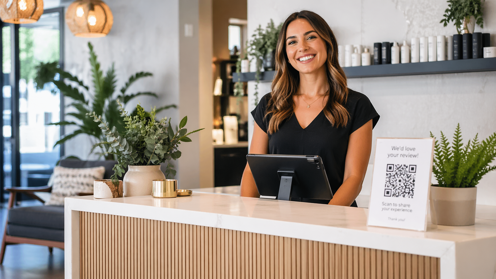 Clean and welcoming small-business front desk with visible Google review QR signage near reception