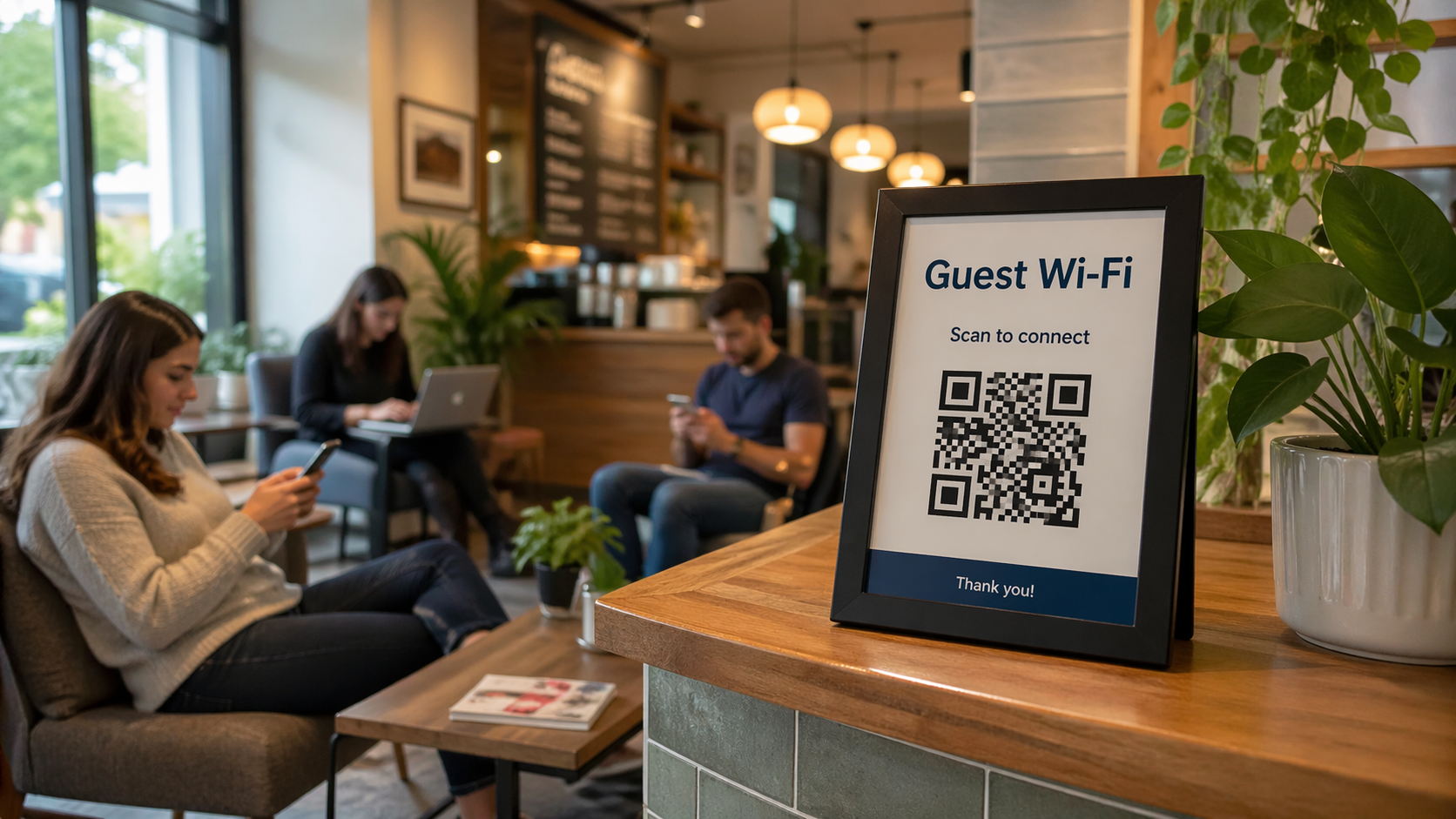 A small table sign in a relaxed café lounge showing a guest Wi‑Fi QR code and plain-language wording, with comfortable seating softly visible in the background.