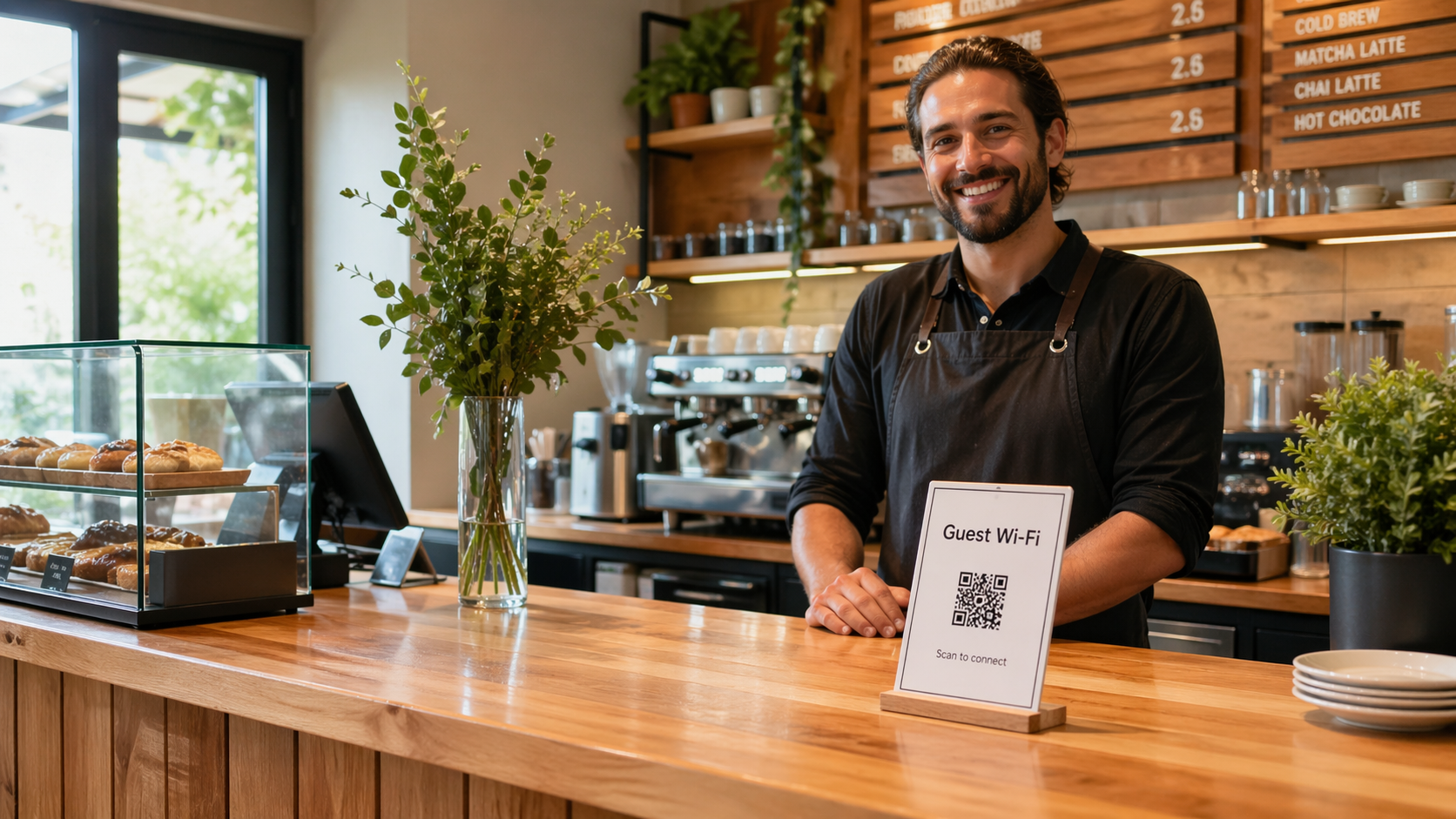 Small café or shop counter where a payment or tip QR sign could sit beside the register